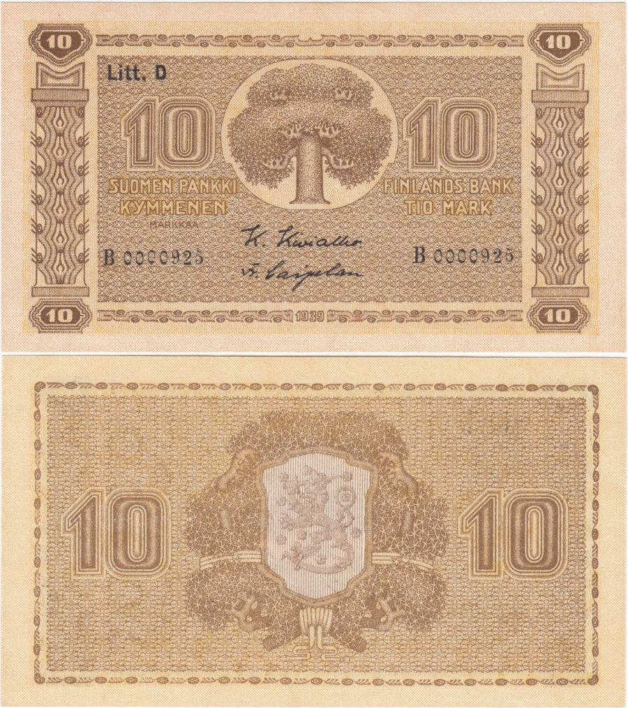 10 Markkaa 1939 Litt.D B0000925 vl.I kl.9